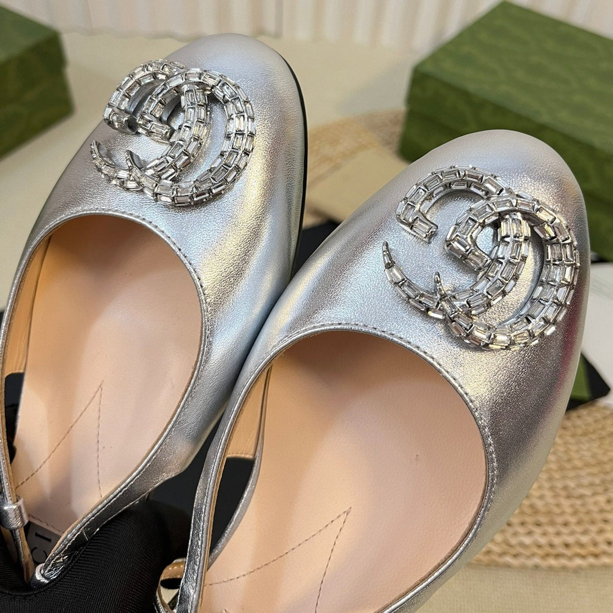 GG Double G patent leather slingback ballet flats Sliver