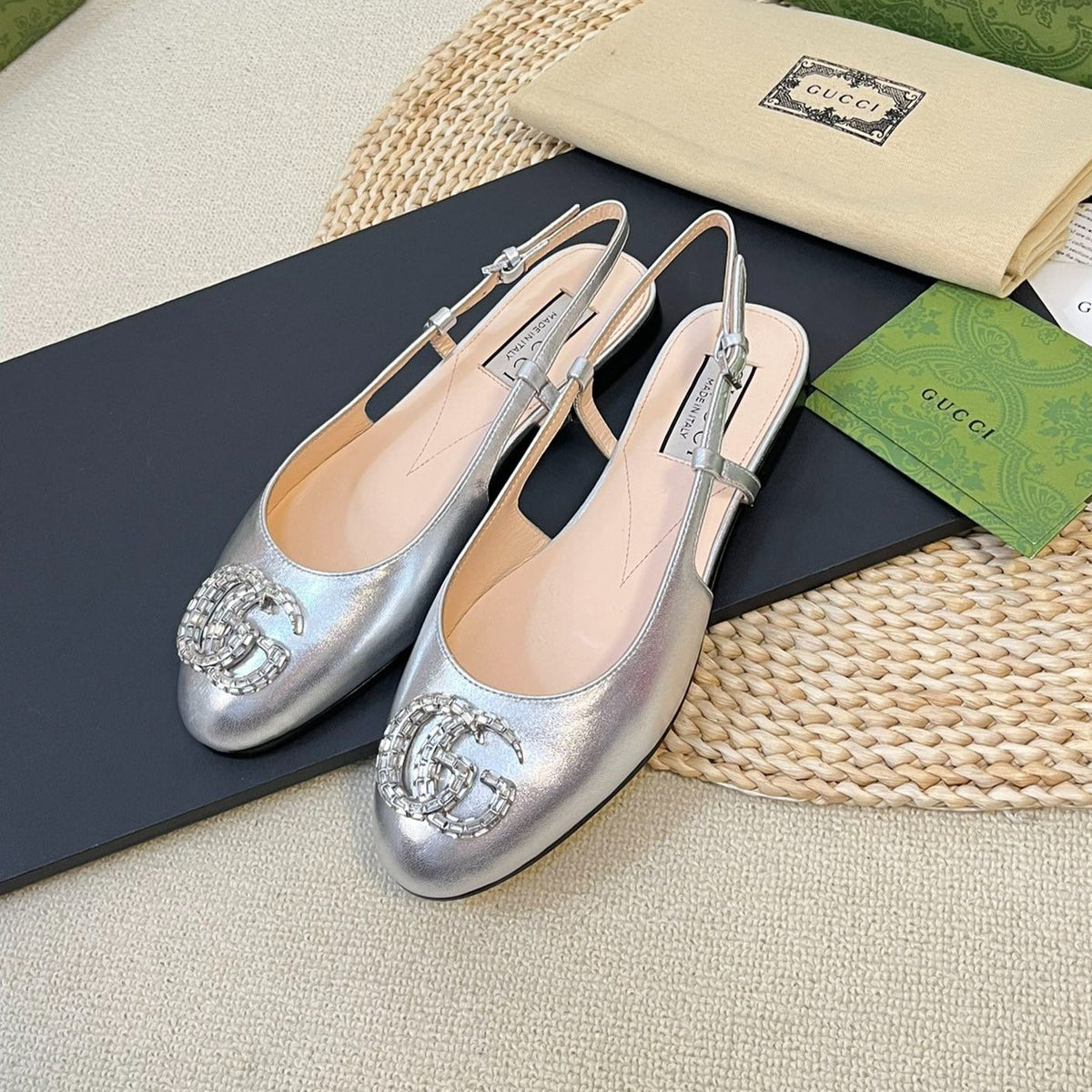 GG Double G patent leather slingback ballet flats Sliver