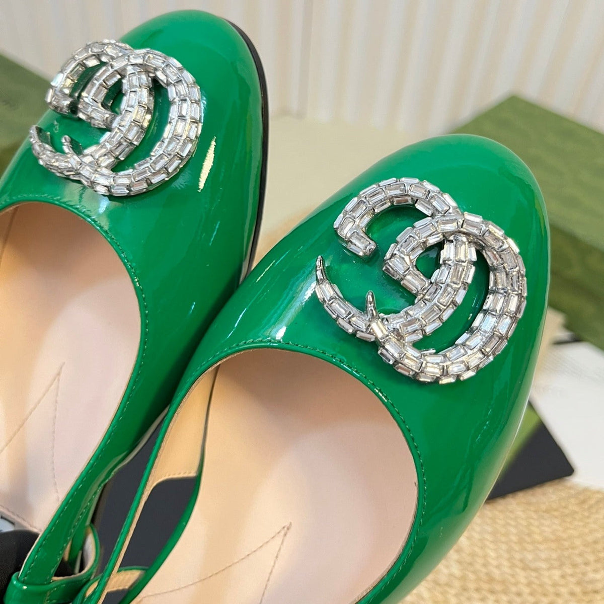 GG Double G patent leather slingback ballet flats Glossy Forest Green