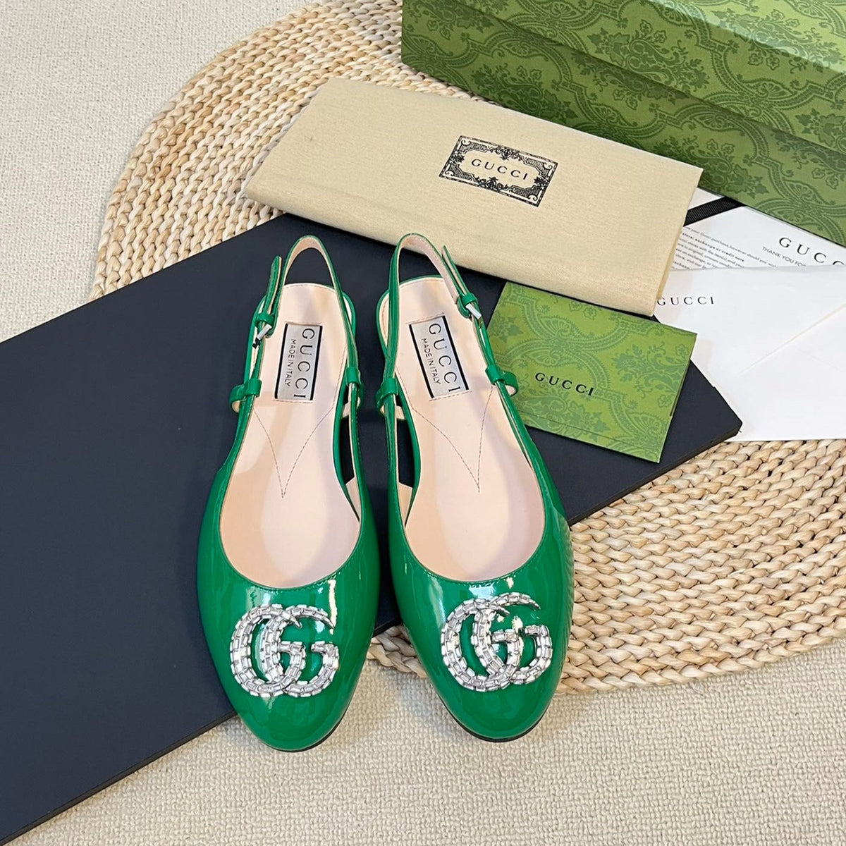 GG Double G patent leather slingback ballet flats Glossy Forest Green