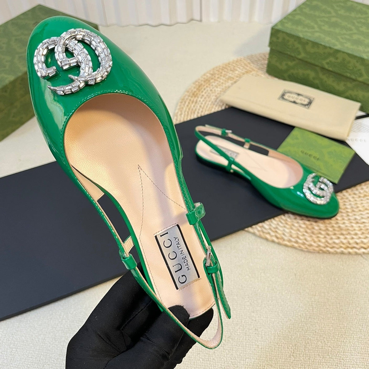 GG Double G patent leather slingback ballet flats Glossy Forest Green