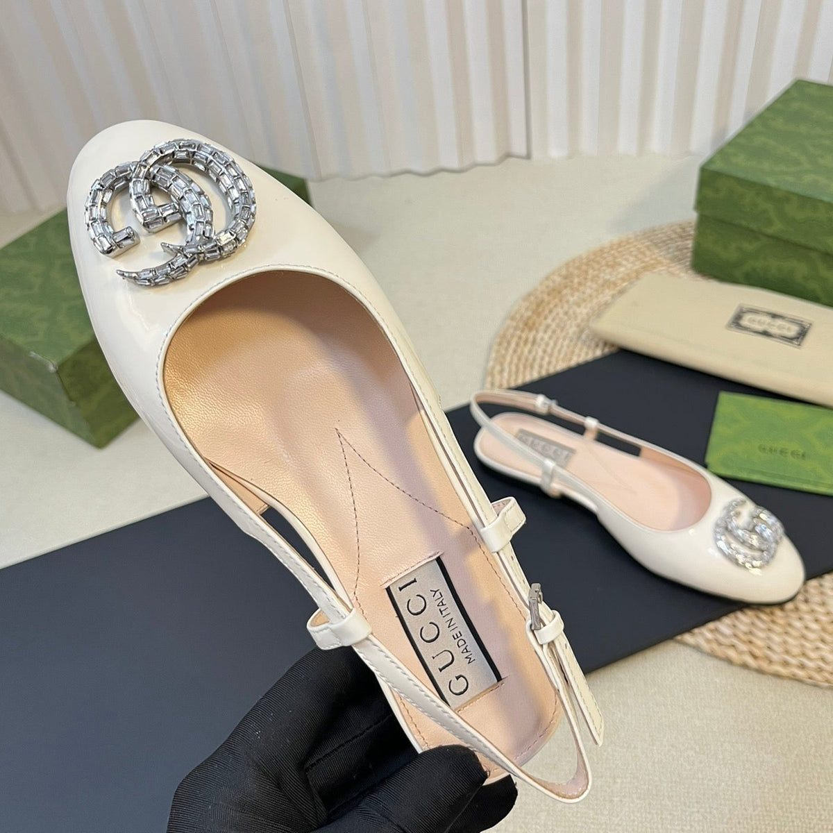 GG Double G patent leather slingback ballet flats Glossy White