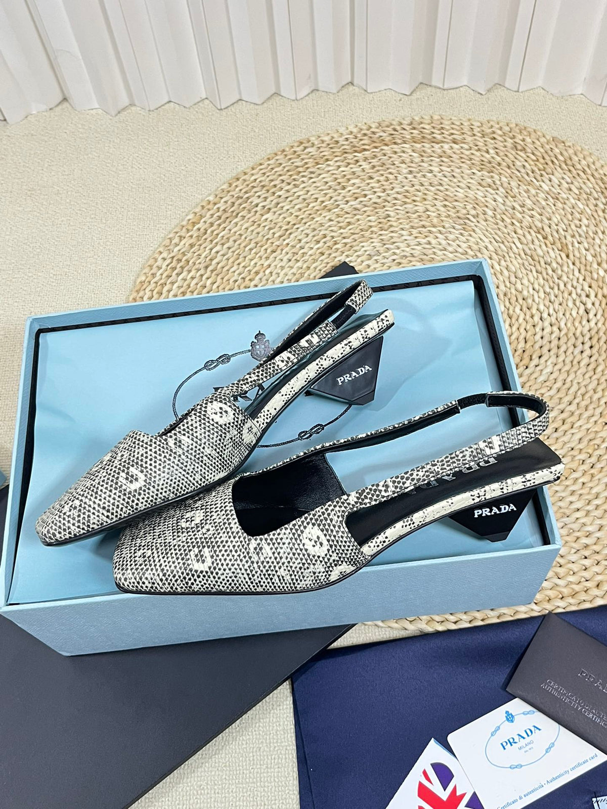 PRA SQUARE TOE SLINGBACK PUMPS SNAKESKIN MOTIF SATIN