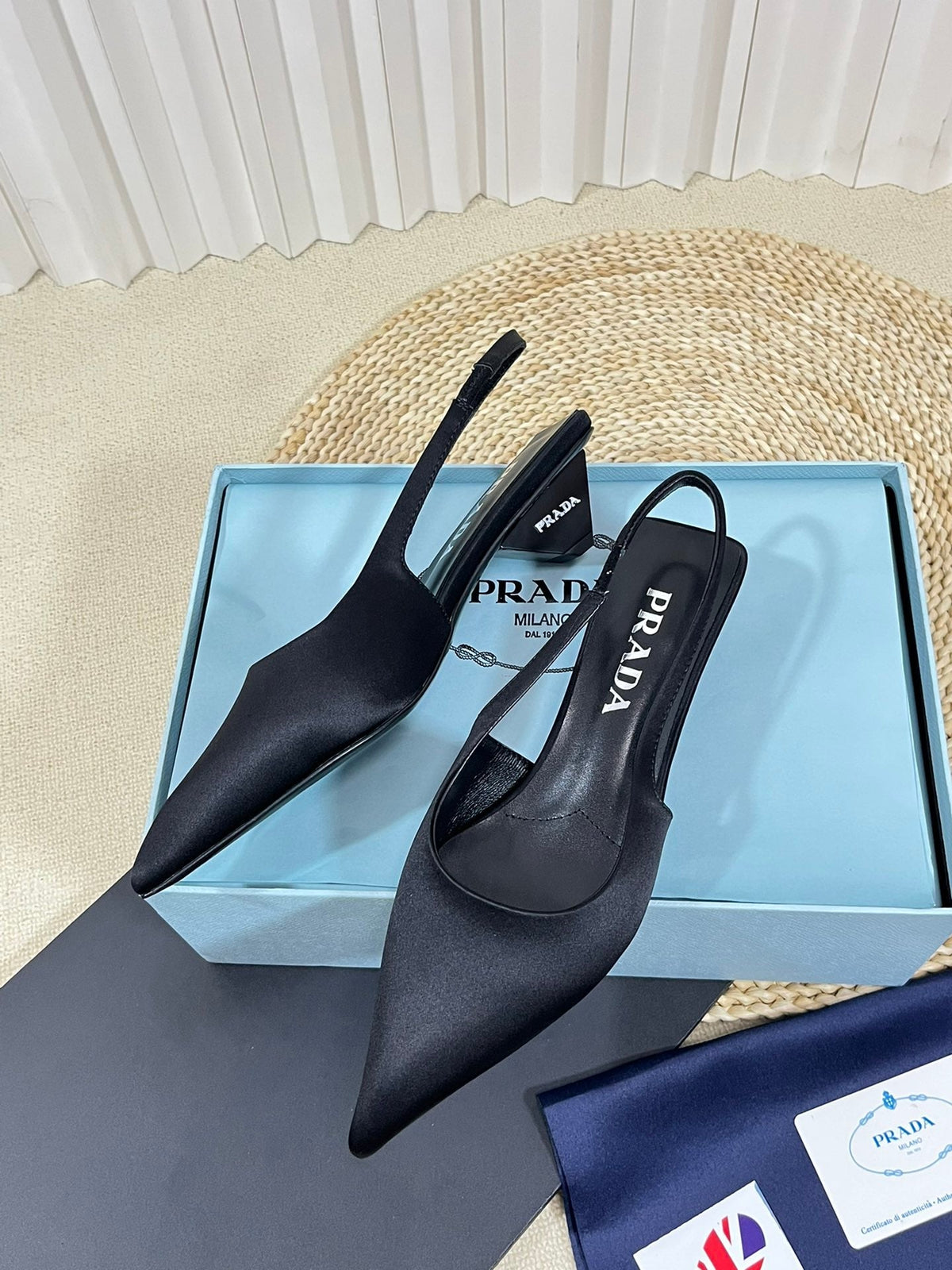 PRA POINTED TOE SLINGBACK PUMPS BLACK SATIN