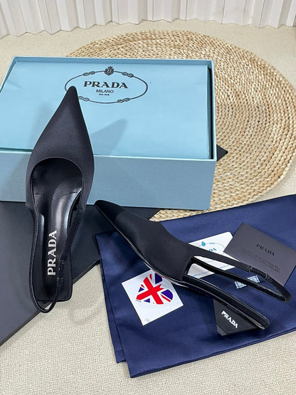 PRA POINTED TOE SLINGBACK PUMPS BLACK SATIN
