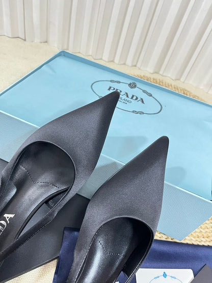 PRA POINTED TOE SLINGBACK PUMPS BLACK SATIN