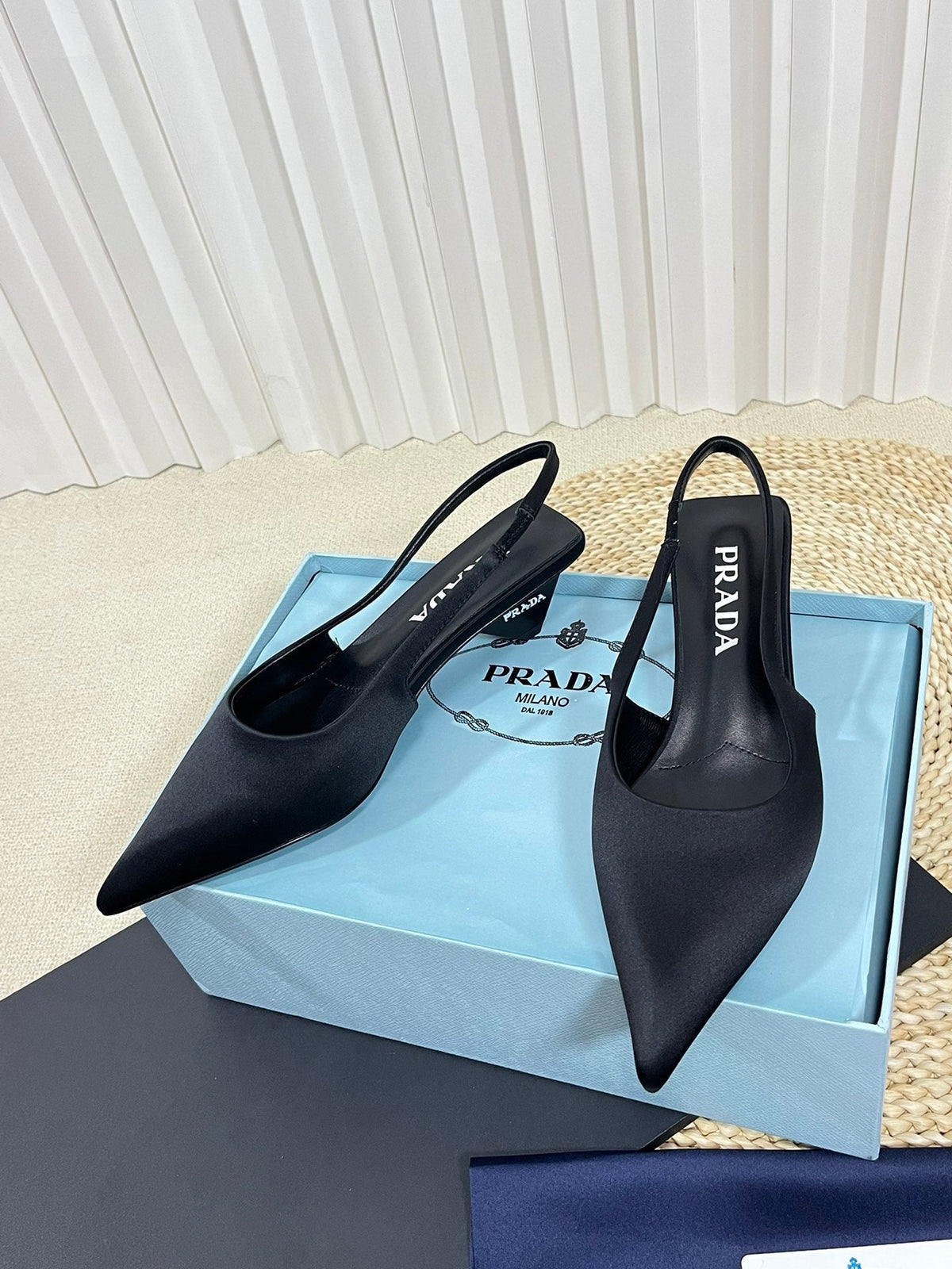 PRA POINTED TOE SLINGBACK PUMPS BLACK SATIN