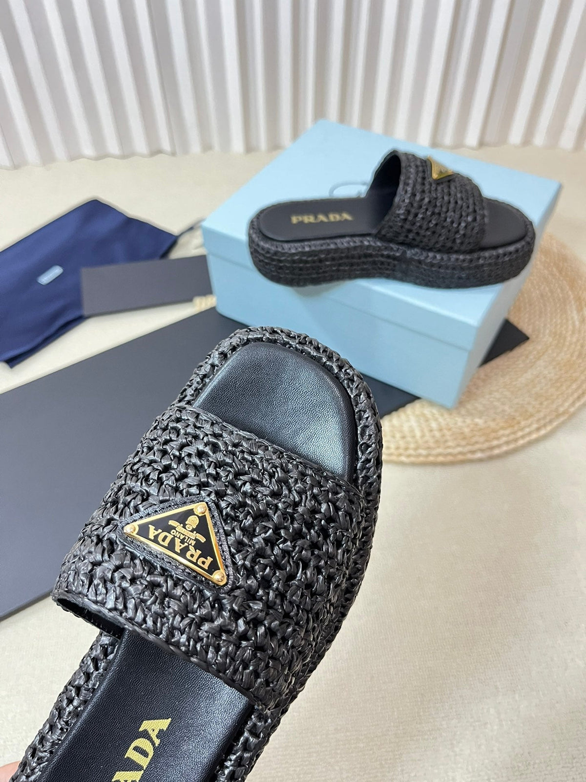 PRA CROCHET FLATFORM SLIDES BLACK RAFFIA