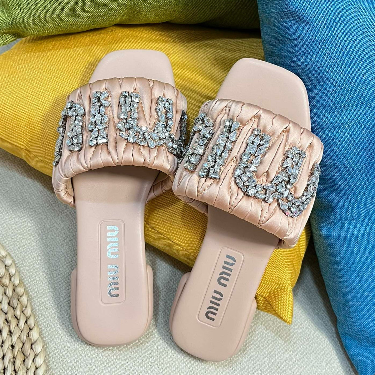 Women's Pastel Pink Leather Diamond Slippers