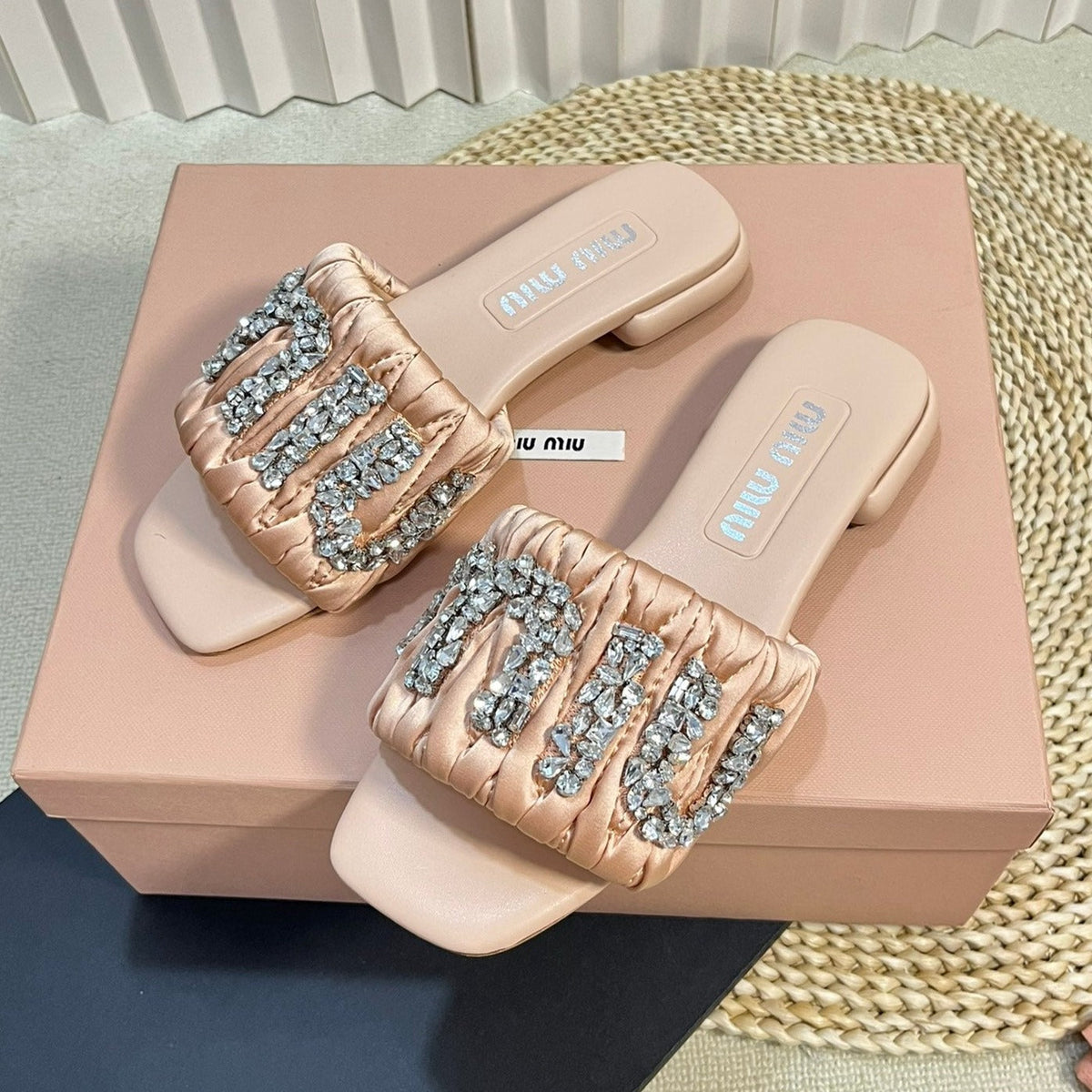 Women's Pastel Pink Leather Diamond Slippers