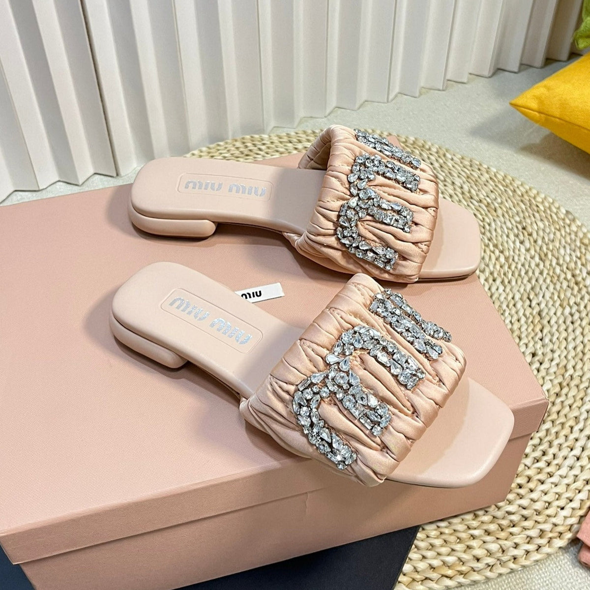 Women's Pastel Pink Leather Diamond Slippers