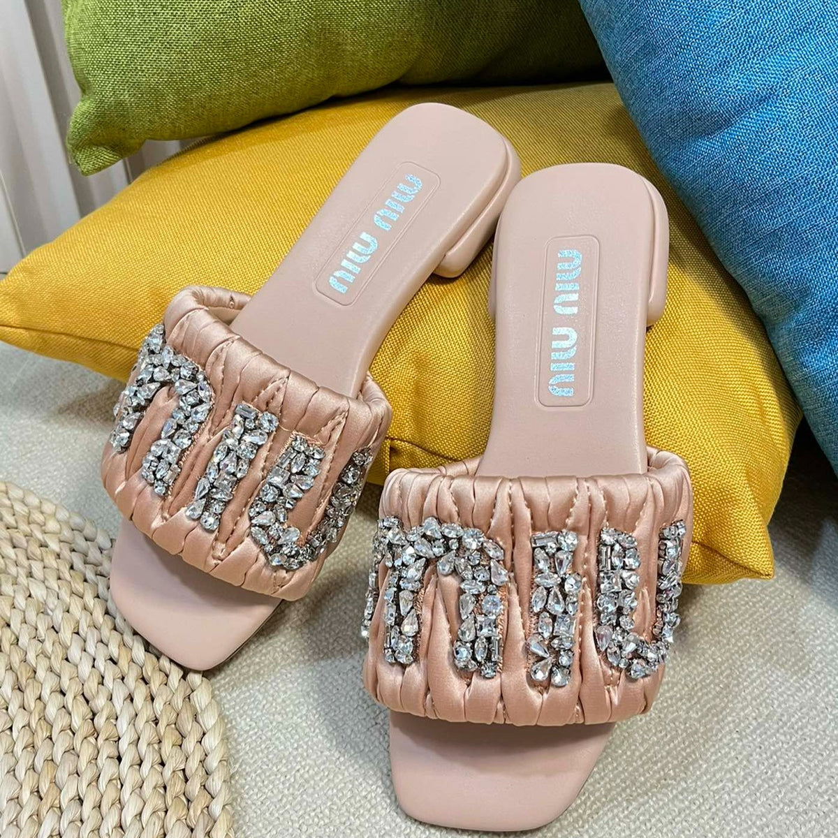 Women's Pastel Pink Leather Diamond Slippers