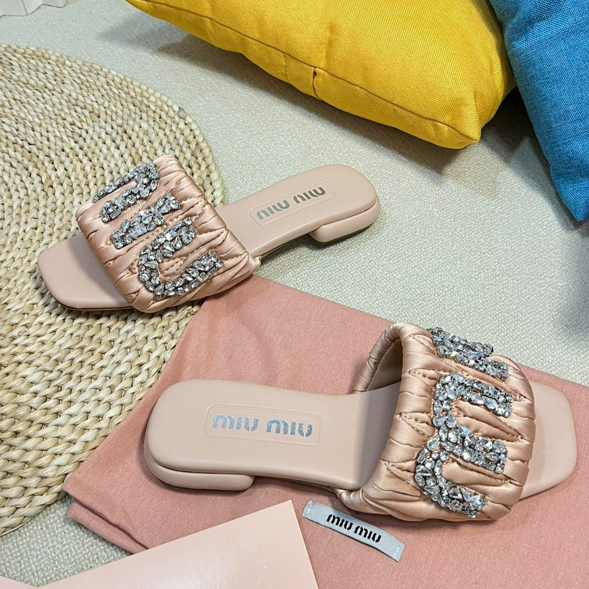 Women's Pastel Pink Leather Diamond Slippers