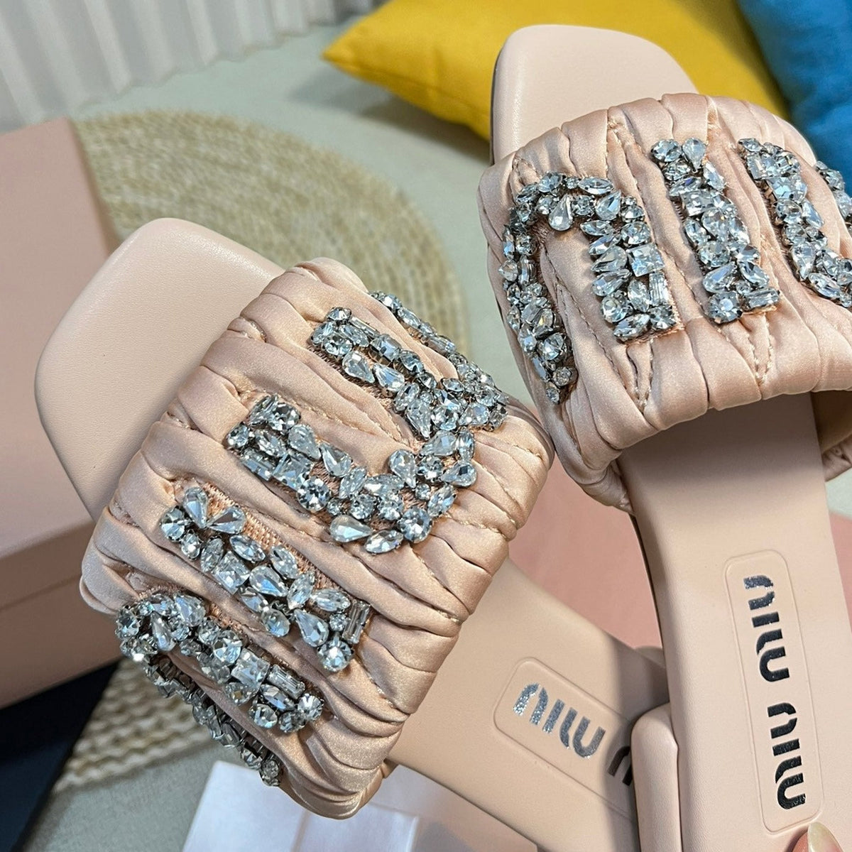 Women's Pastel Pink Leather Diamond Slippers