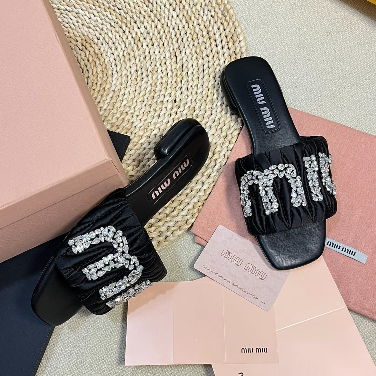 Women's Black Leather Diamond Slippers