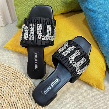 Women's Black Leather Diamond Slippers