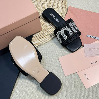 Women's Black Leather Diamond Slippers