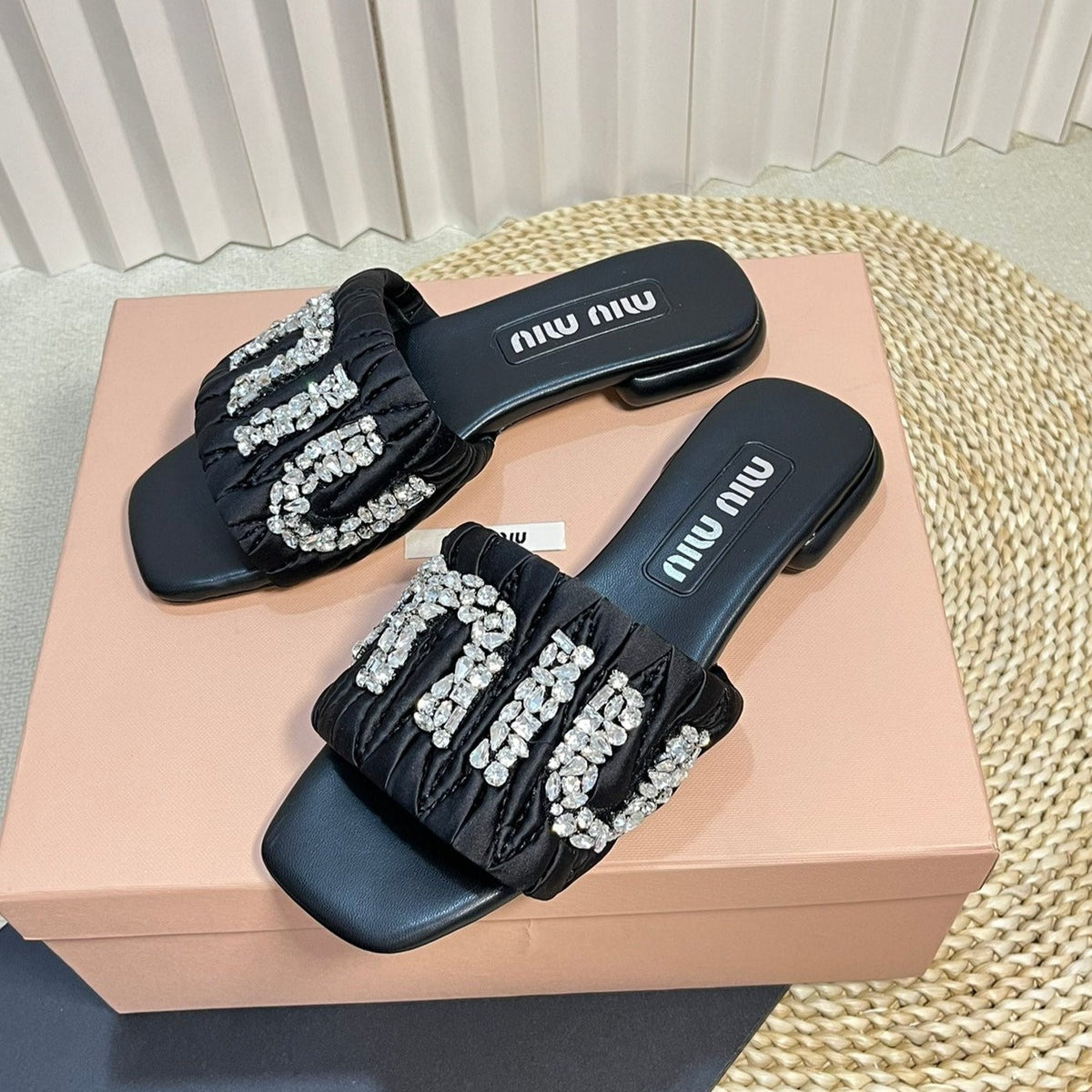 Women's Black Leather Diamond Slippers