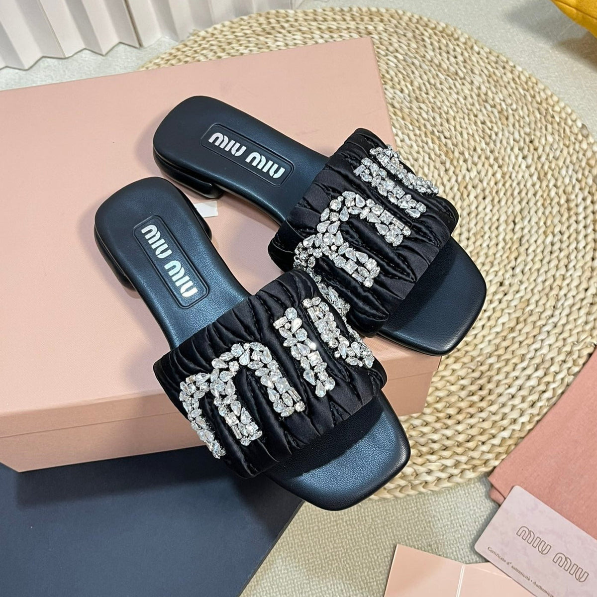 Women's Black Leather Diamond Slippers