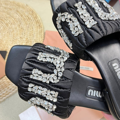 Women's Black Leather Diamond Slippers