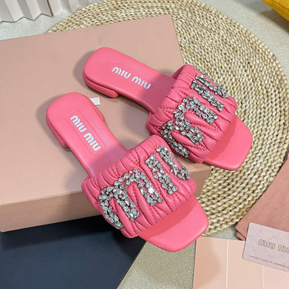 Women's Neon Pink Leather Diamond Slippers