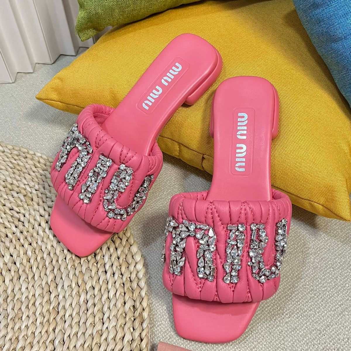 Women's Neon Pink Leather Diamond Slippers