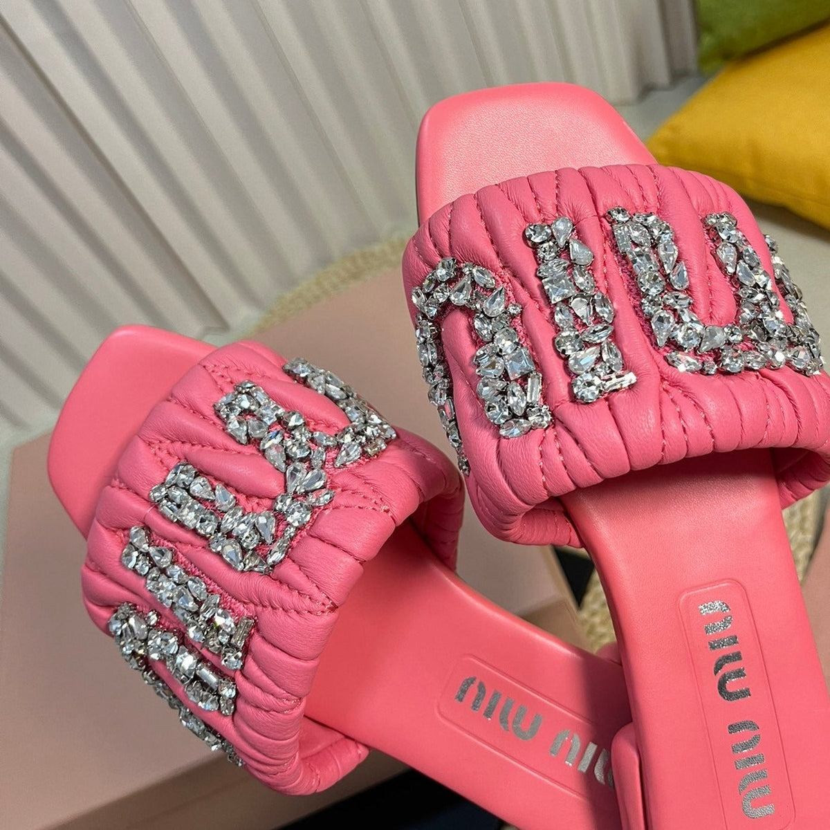 Women's Neon Pink Leather Diamond Slippers