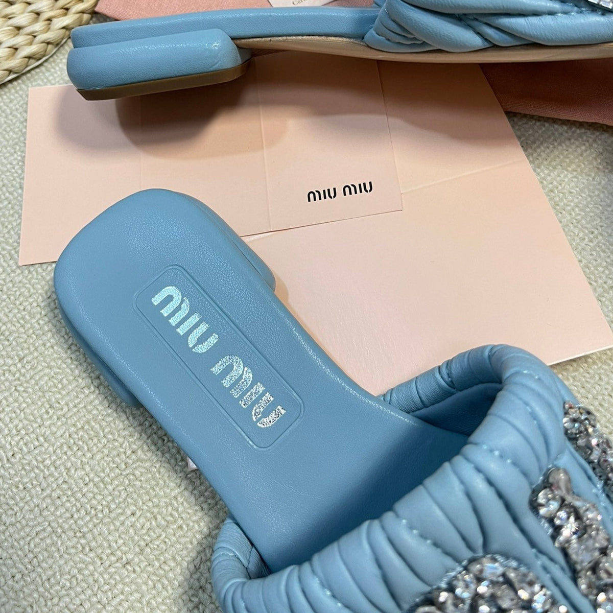 Women's Sky Blue Leather Diamond Slippers