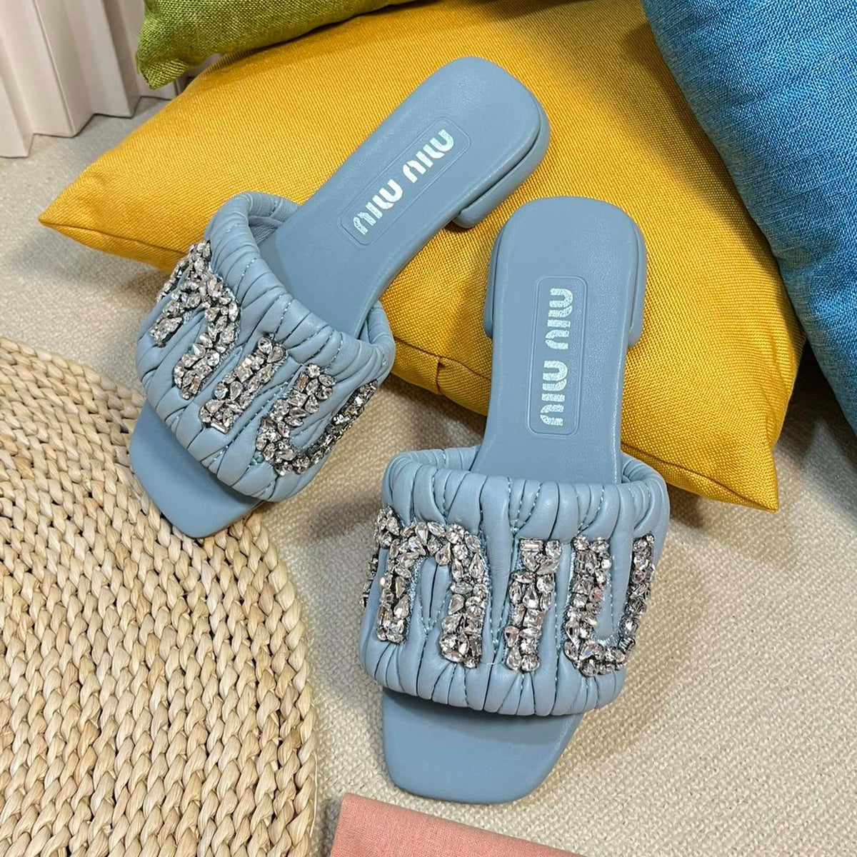 Women's Sky Blue Leather Diamond Slippers