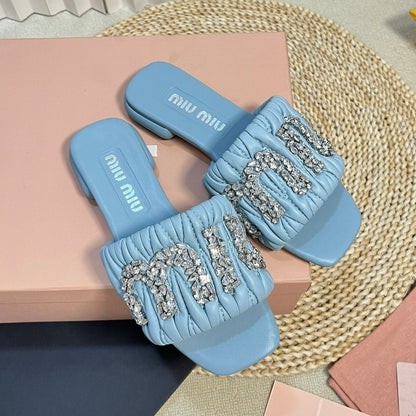 Women's Sky Blue Leather Diamond Slippers