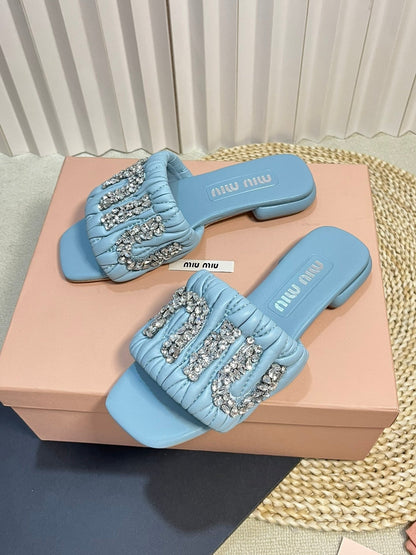 Women's Sky Blue Leather Diamond Slippers