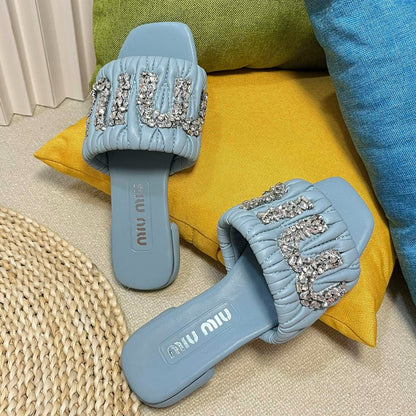 Women's Sky Blue Leather Diamond Slippers