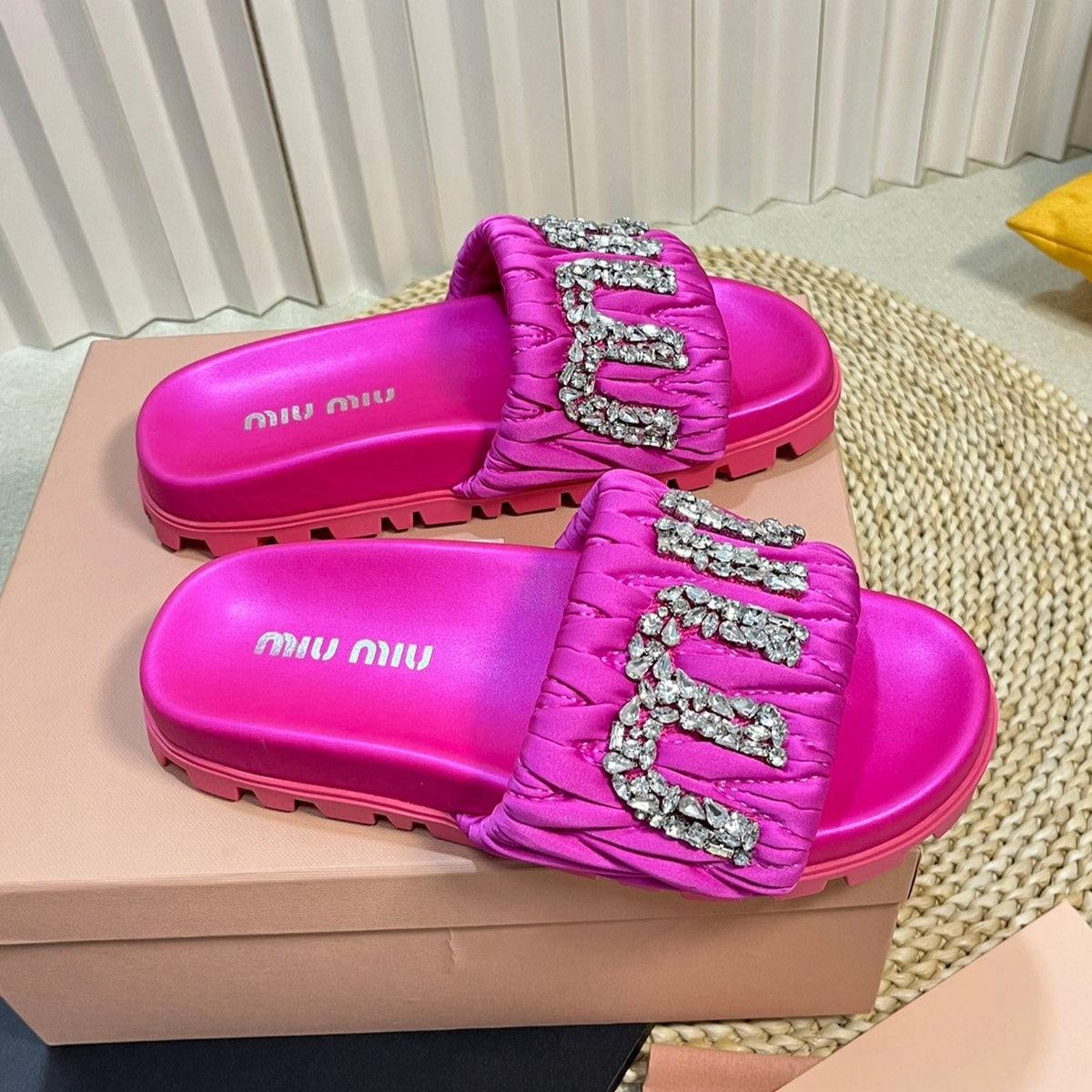 Bright Pink Sheepskin Diamond Slippers