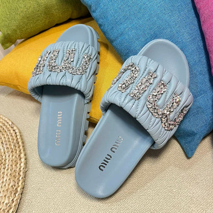 Sky Blue Sheepskin Diamond Slippers