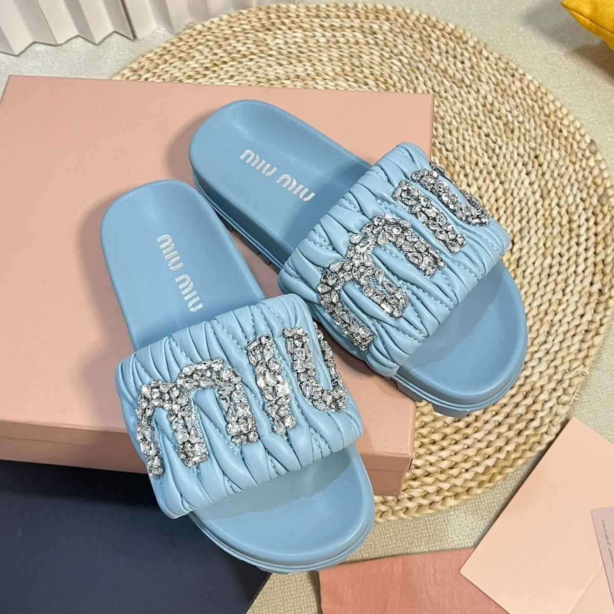 Sky Blue Sheepskin Diamond Slippers