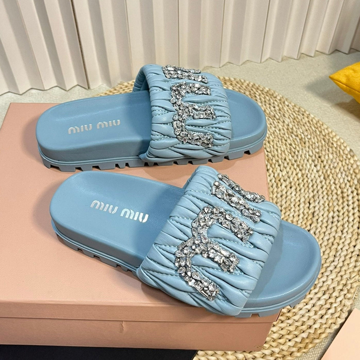 Sky Blue Sheepskin Diamond Slippers