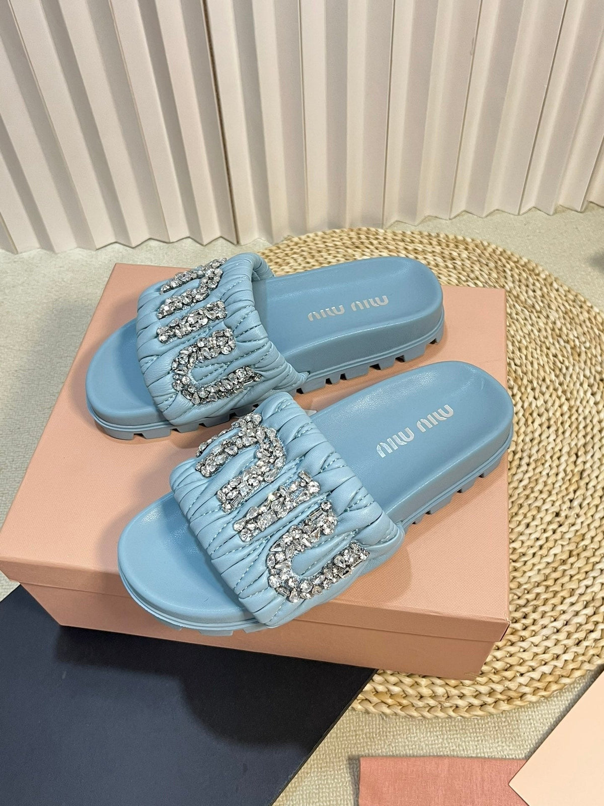 Sky Blue Sheepskin Diamond Slippers