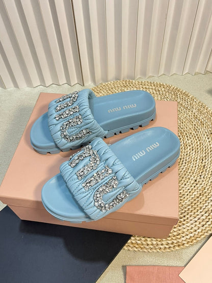Sky Blue Sheepskin Diamond Slippers