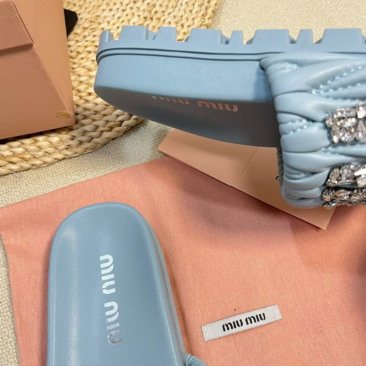 Sky Blue Sheepskin Diamond Slippers