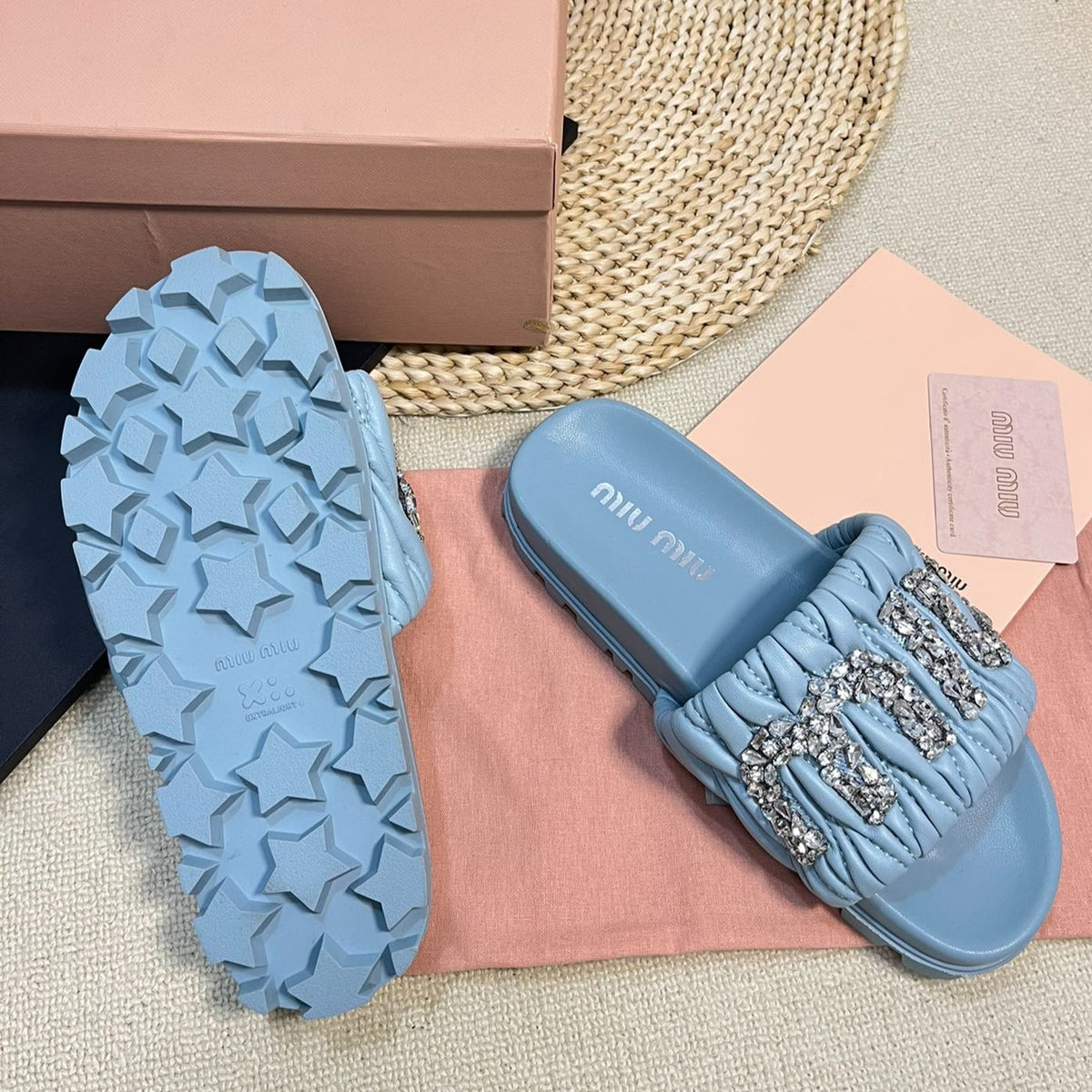 Sky Blue Sheepskin Diamond Slippers