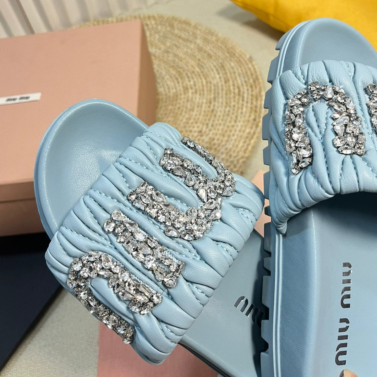 Sky Blue Sheepskin Diamond Slippers