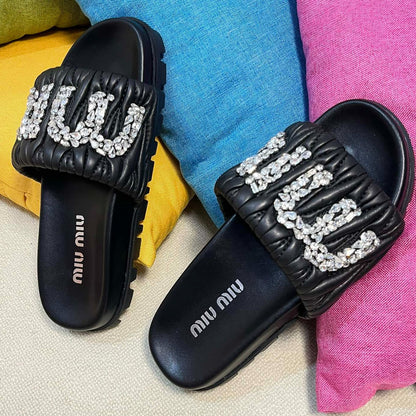 Black Sheepskin Diamond Slippers