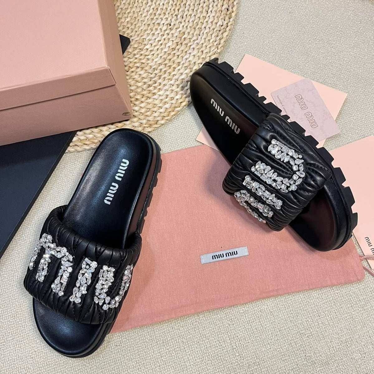 Black Sheepskin Diamond Slippers