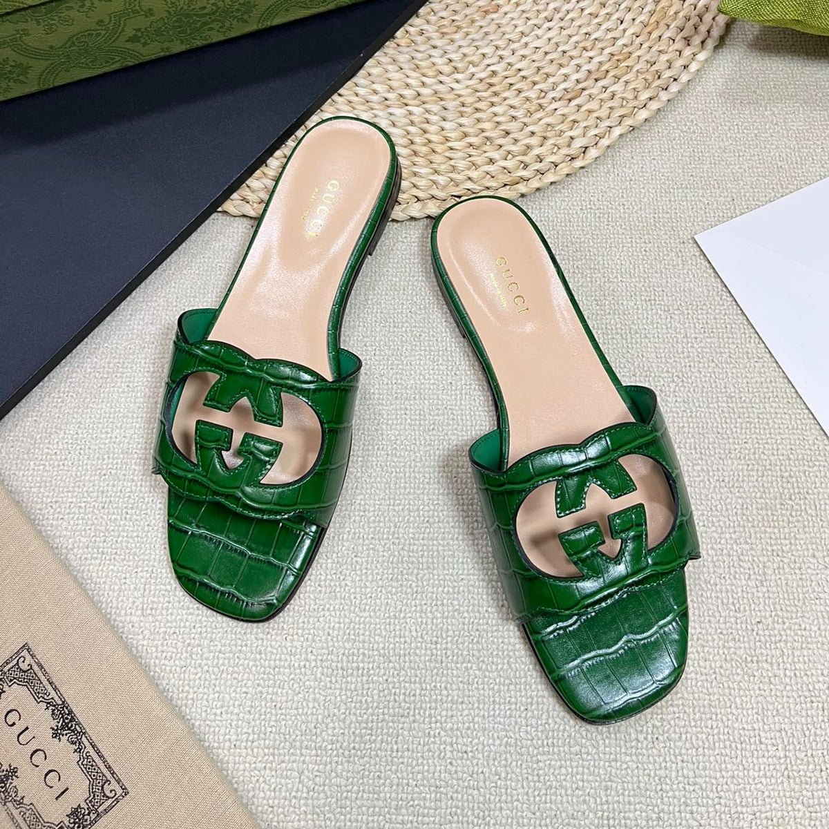 GG Cut Out Slide Sandals Forest Green