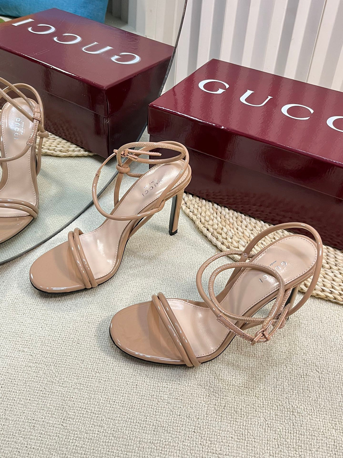 HIGH SANDAL 10 CM IN TAN BEIGE GLOSSY CALFSKIN