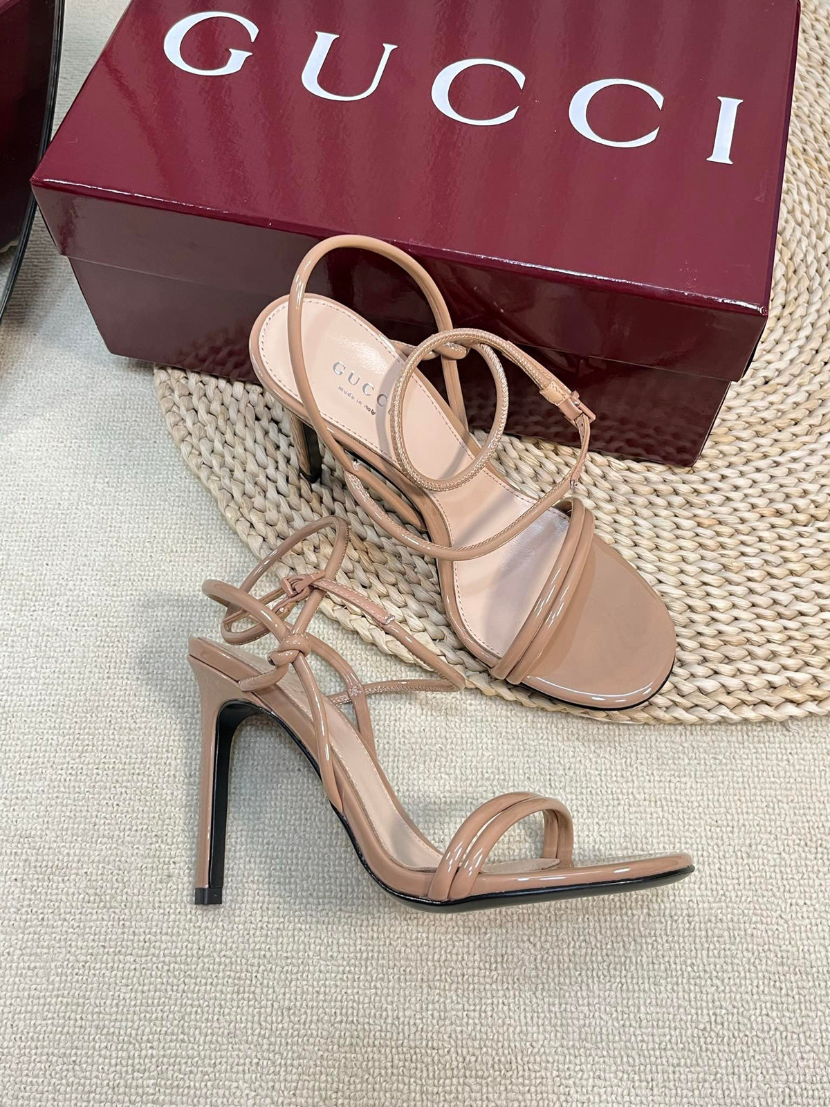 HIGH SANDAL 10 CM IN TAN BEIGE GLOSSY CALFSKIN