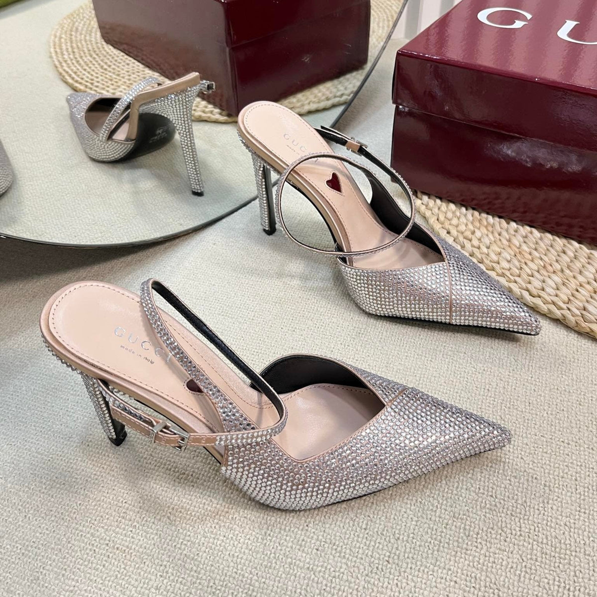 HIGH SLINGBACK 10 CM IN BEIGE SILK WITH FULL RHINSTONES
