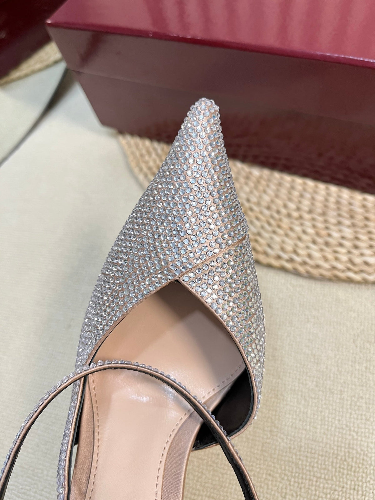 HIGH SLINGBACK 10 CM IN BEIGE SILK WITH FULL RHINSTONES