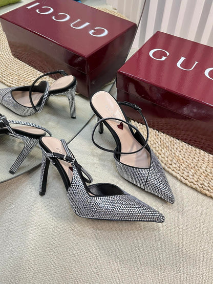 HIGH SLINGBACK 10 CM IN BLACK SILK WITH FULL RHINSTONES