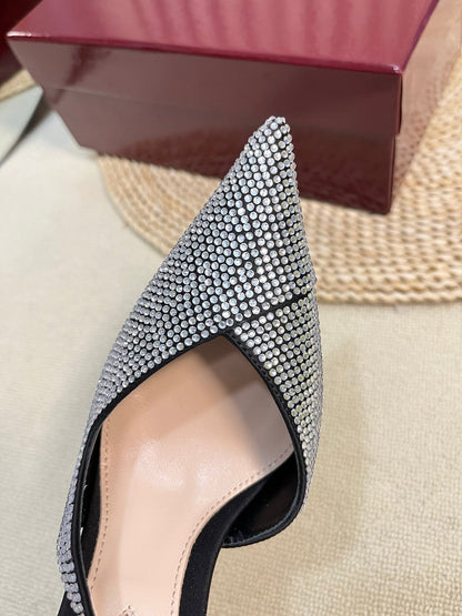 HIGH SLINGBACK 10 CM IN BLACK SILK WITH FULL RHINSTONES